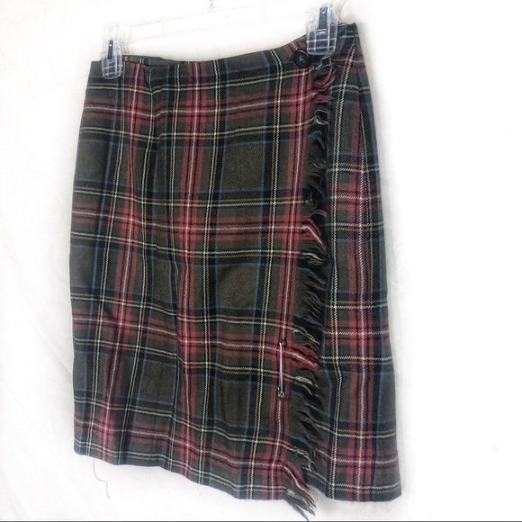EUC-VINTAGE Rafaella Wool, Green/Orange Plaid, Fringe, Button Closure Wrap Skirt - Picture 3 of 8